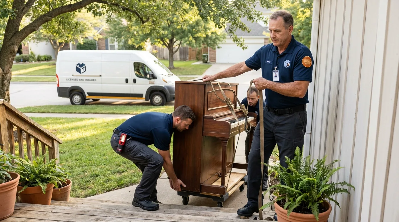 Licensed piano movers securing grand piano in Walnut Grove, MS