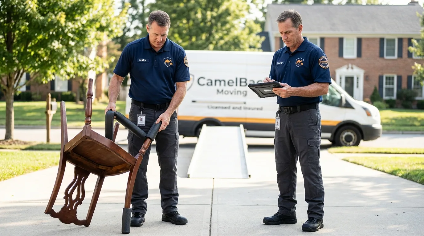 Movers inspecting furniture for damage prevention before loading in Walnut Grove, MS