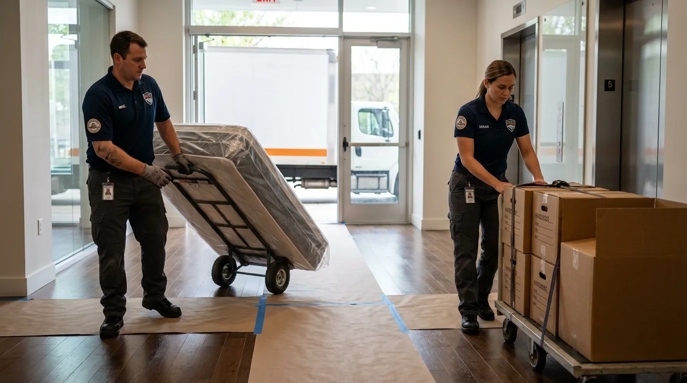 Professional apartment movers loading elevator in Walnut Grove, MS